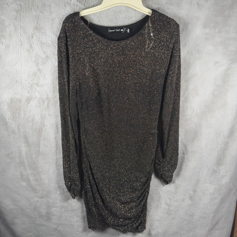 Crystal Doll Black Gold Metallic Ruched‎ Side Long Sleeve Bodycon Dress Large